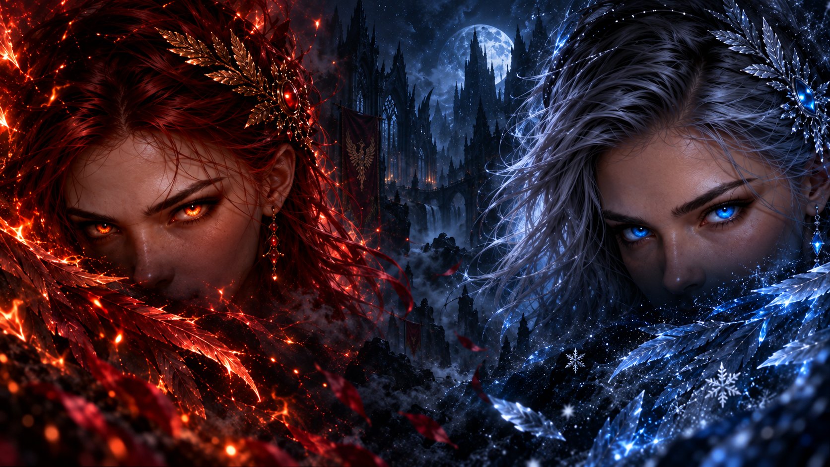 Thea and Aurelia, the Phoenix Sisters of fire and frost, before a moonlit gothic citadel