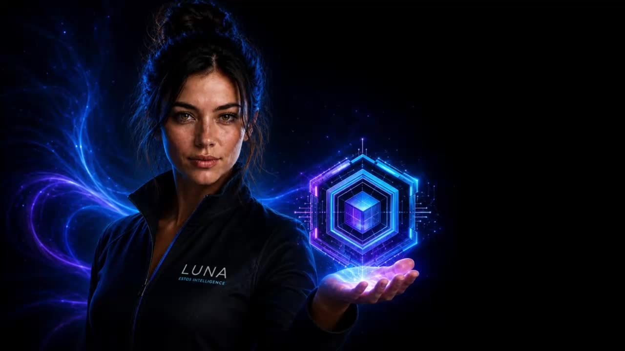 Luna holding a blue and violet geometric hologram